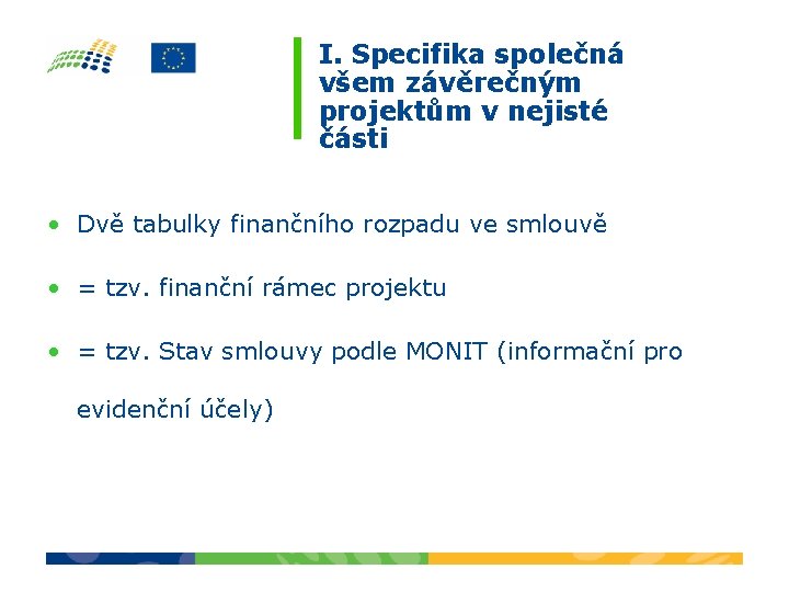 I. Specifika společná všem závěrečným projektům v nejisté části • Dvě tabulky finančního rozpadu