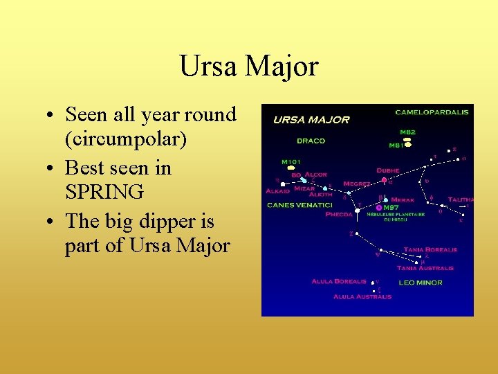 Ursa Major • Seen all year round (circumpolar) • Best seen in SPRING •