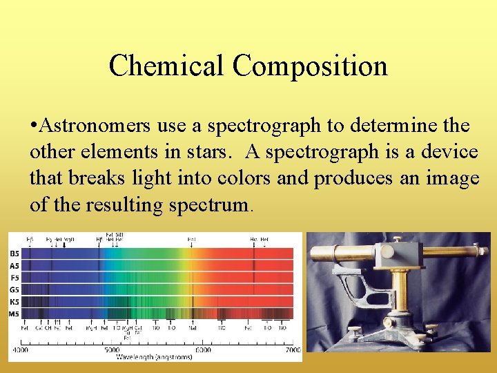 Chemical Composition • Astronomers use a spectrograph to determine the other elements in stars.