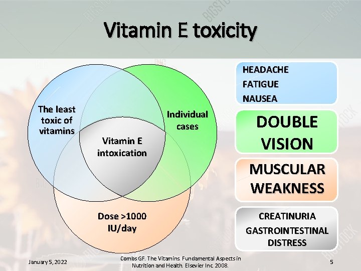 Vitamin E toxicity The least toxic of vitamins HEADACHE FATIGUE NAUSEA Individual cases Vitamin