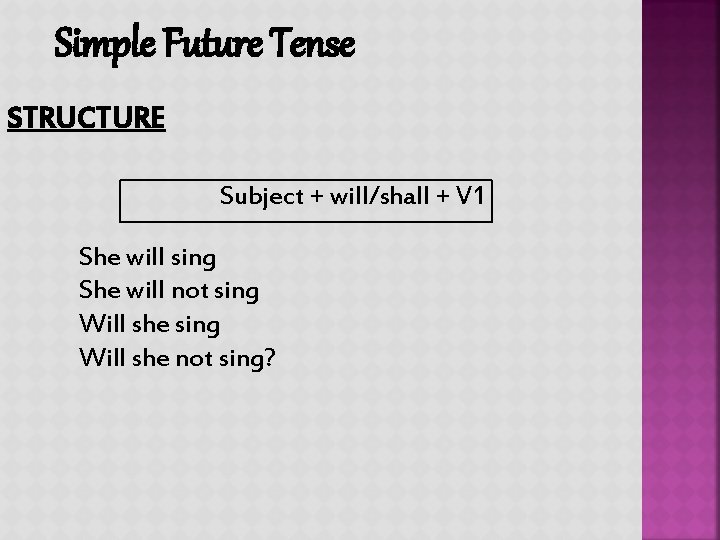 Simple Future Tense STRUCTURE Subject + will/shall + V 1 She will sing She