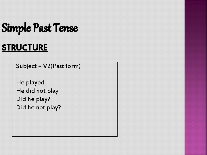 Simple Past Tense STRUCTURE Subject + V 2(Past form) He played He did not