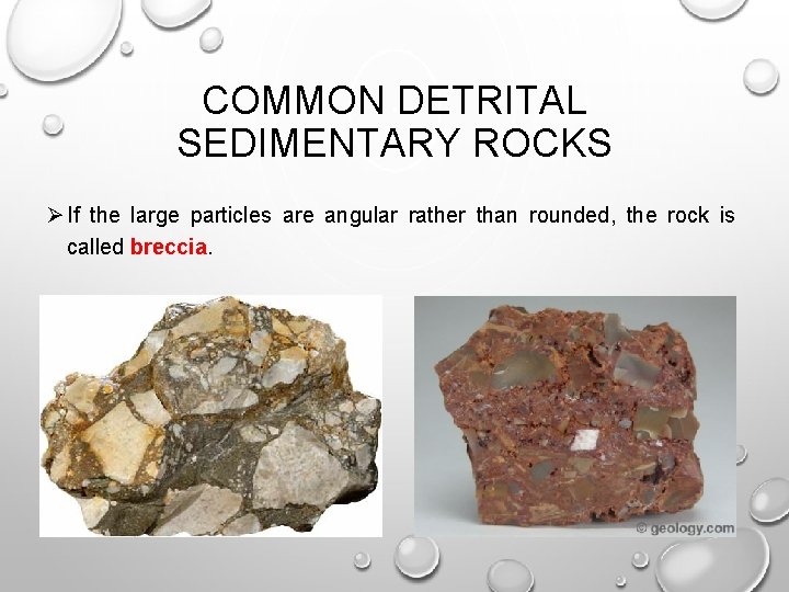 COMMON DETRITAL SEDIMENTARY ROCKS Ø If the large particles are angular rather than rounded,