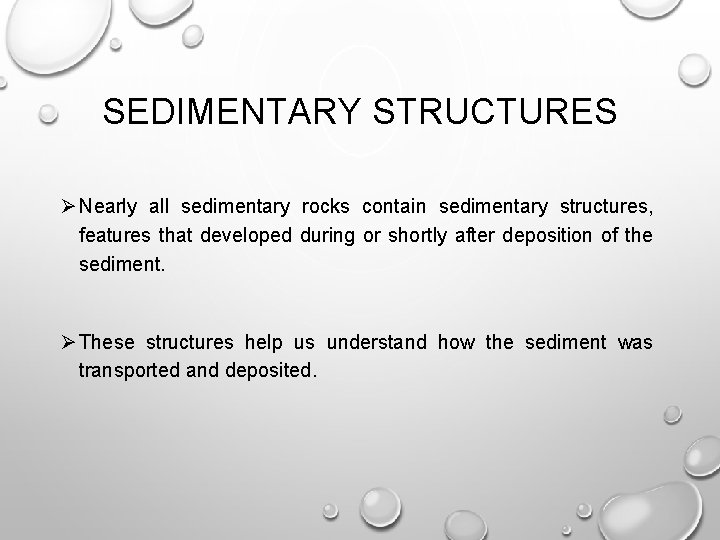 SEDIMENTARY STRUCTURES Ø Nearly all sedimentary rocks contain sedimentary structures, features that developed during