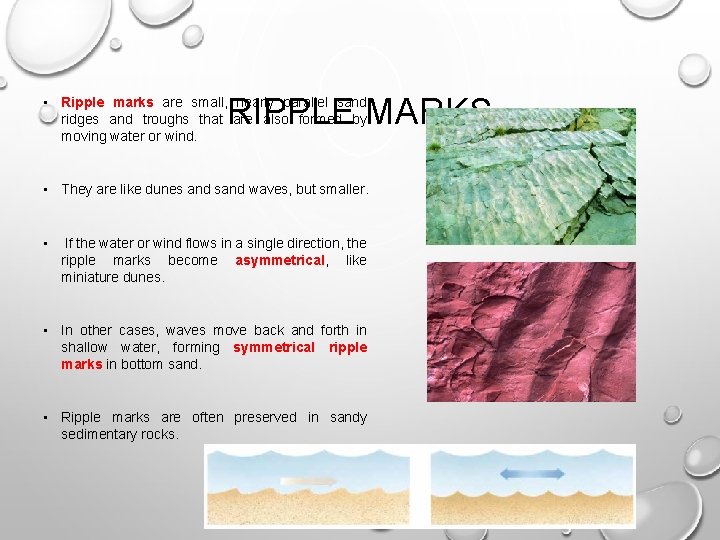 RIPPLE MARKS • Ripple marks are small, nearly parallel sand ridges and troughs that