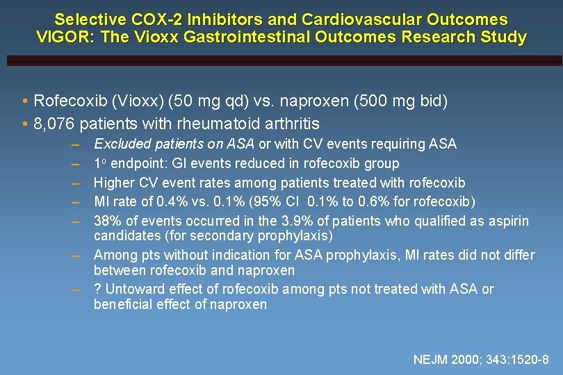 Selective COX-2 Inhibitors and Cardiovascular Outcomes VIGOR: The Vioxx Gastrointestinal Outcomes Research Study •