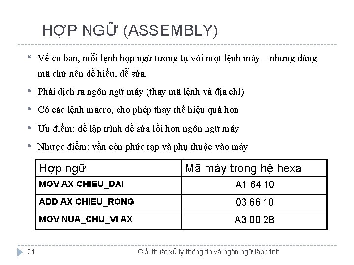 HỢP NGỮ (ASSEMBLY) Về cơ bản, mỗi lệnh hợp ngữ tương tự với một