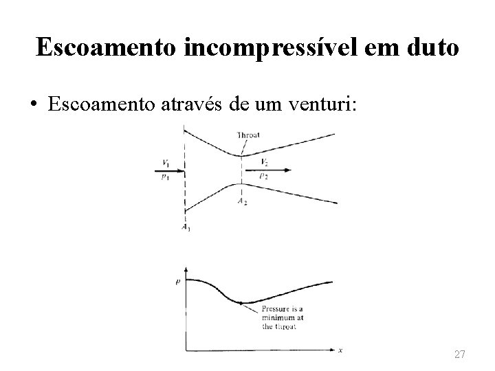 Escoamento incompressível em duto • Escoamento através de um venturi: 27 