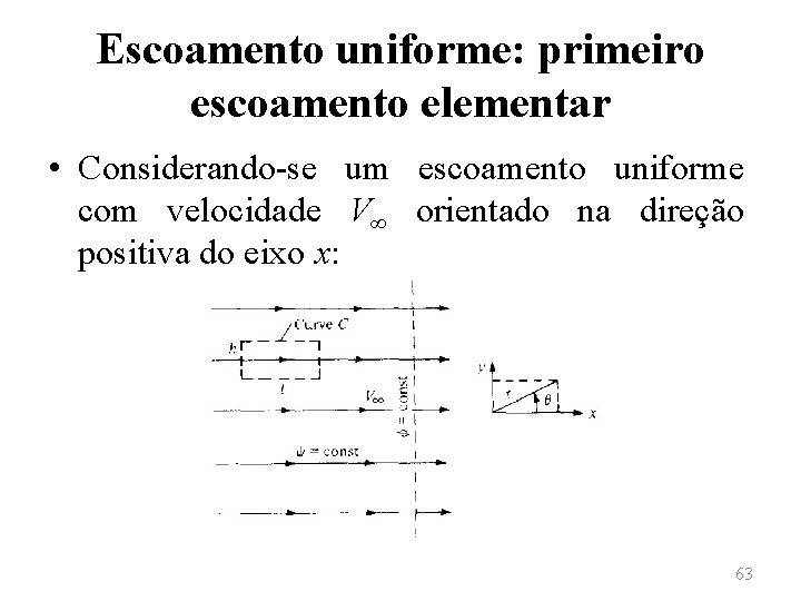 Escoamento uniforme: primeiro escoamento elementar • Considerando-se um escoamento uniforme com velocidade V∞ orientado