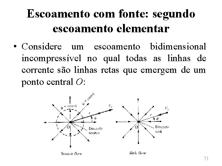 Escoamento com fonte: segundo escoamento elementar • Considere um escoamento bidimensional incompressível no qual