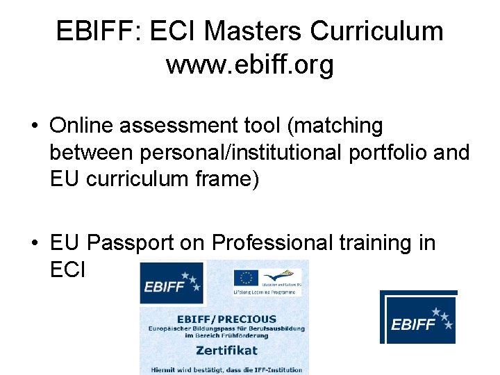EBIFF: ECI Masters Curriculum www. ebiff. org • Online assessment tool (matching between personal/institutional