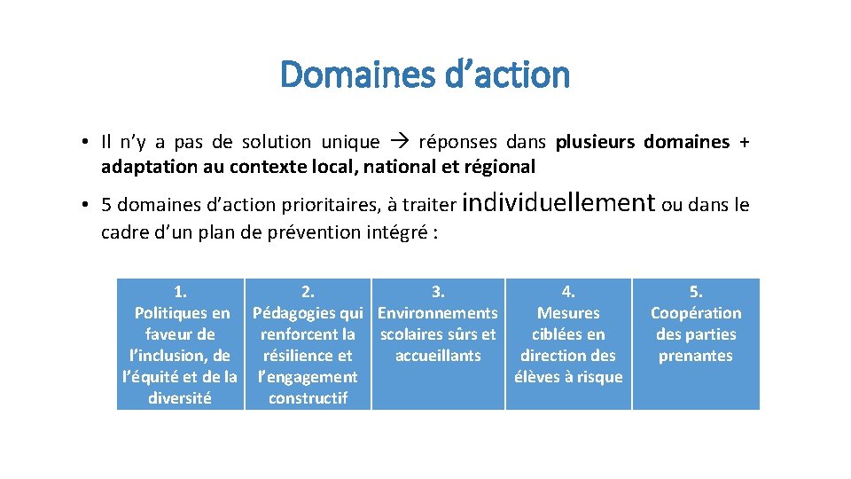 Domaines d’action • Il n’y a pas de solution unique réponses dans plusieurs domaines