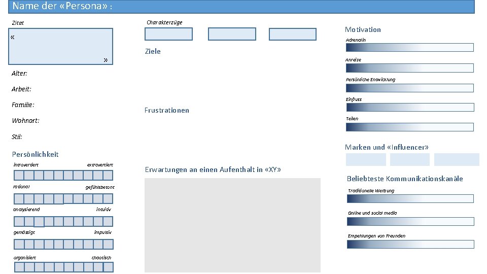 Name der «Persona» : Charakterzüge Zitat « Motivation Adrenalin Ziele Anreize « Alter: Persönliche