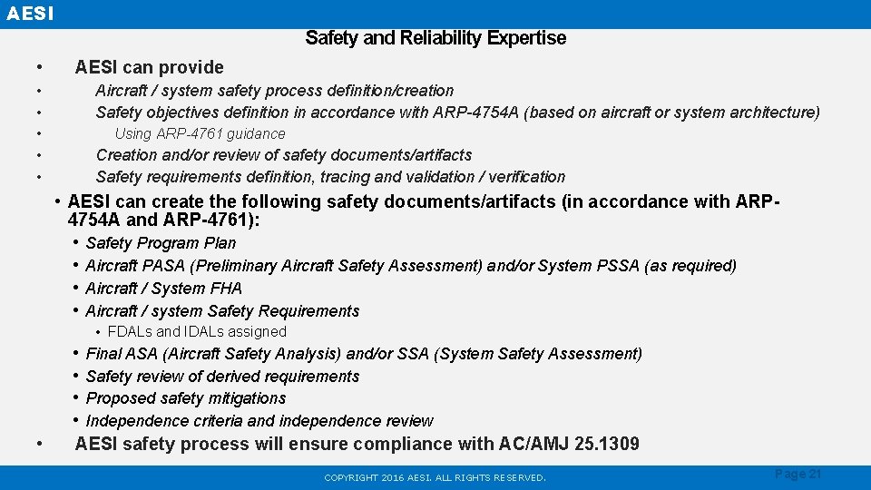 AESI Safety and Reliability Expertise • • • AESI can provide Aircraft / system