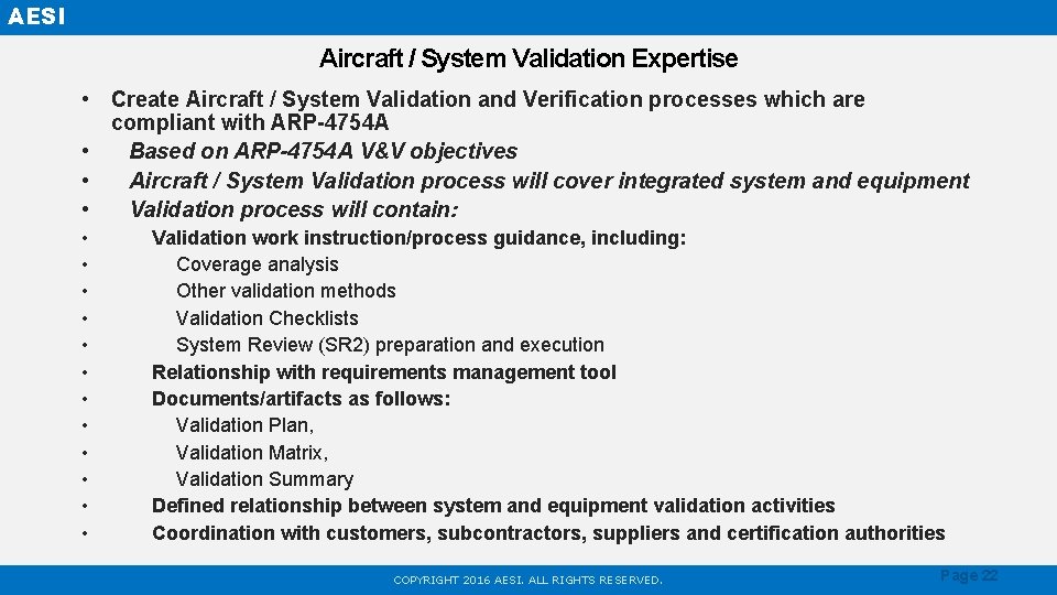 AESI Aircraft / System Validation Expertise • Create Aircraft / System Validation and Verification