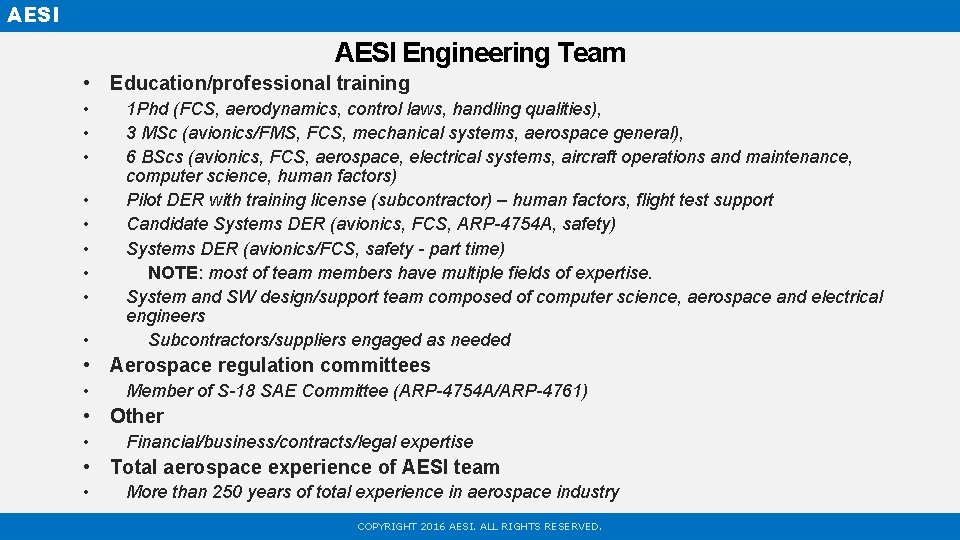 AESI Engineering Team • Education/professional training • • • 1 Phd (FCS, aerodynamics, control