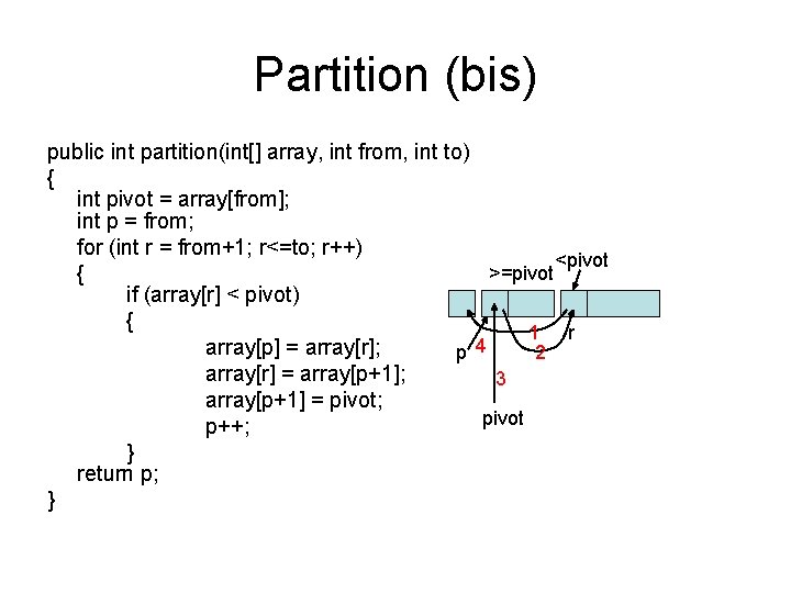Partition (bis) public int partition(int[] array, int from, int to) { int pivot =