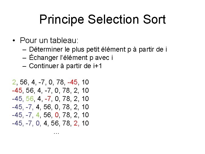Principe Selection Sort • Pour un tableau: – Déterminer le plus petit élément p Principe Selection Sort • Pour un tableau: – Déterminer le plus petit élément p