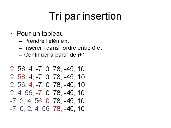 Tri par insertion • Pour un tableau – Prendre l’élément i – Insérer i Tri par insertion • Pour un tableau – Prendre l’élément i – Insérer i