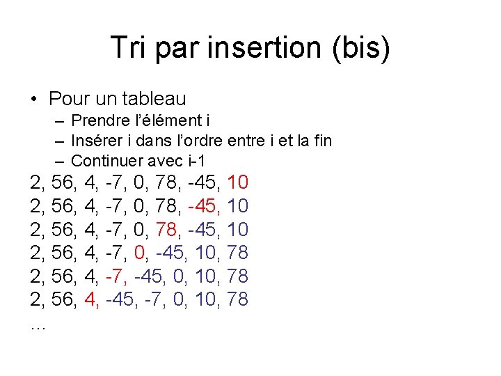 Tri par insertion (bis) • Pour un tableau – Prendre l’élément i – Insérer Tri par insertion (bis) • Pour un tableau – Prendre l’élément i – Insérer