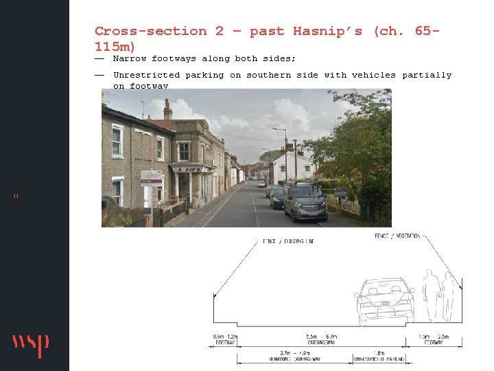 Cross-section 2 – past Hasnip’s (ch. 65115 m) — Narrow footways along both sides;