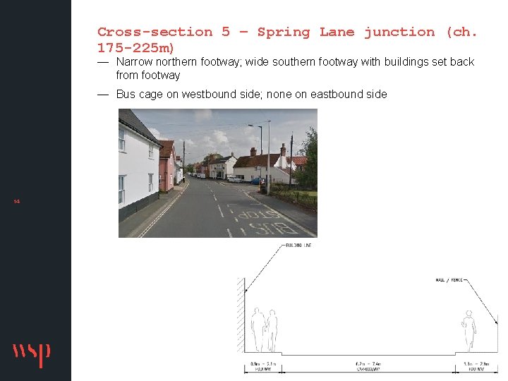 Cross-section 5 – Spring Lane junction (ch. 175 -225 m) — Narrow northern footway;
