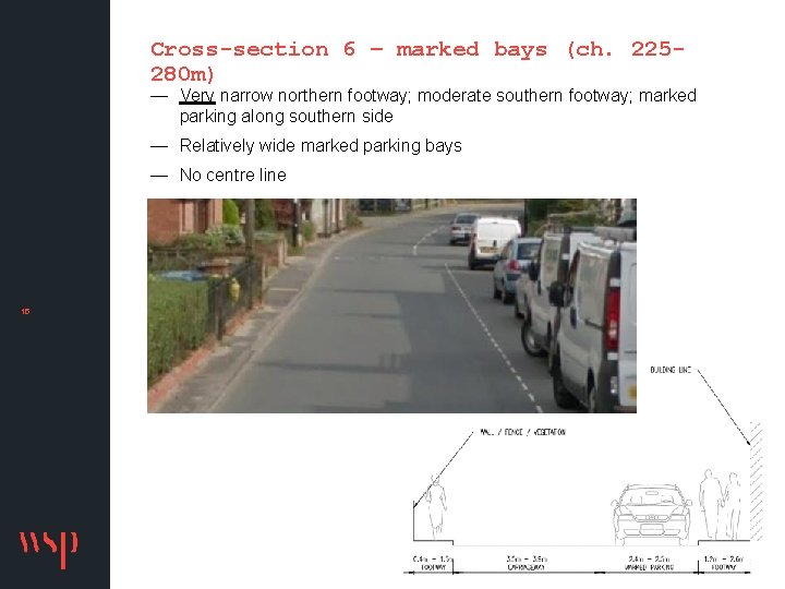Cross-section 6 – marked bays (ch. 225280 m) — Very narrow northern footway; moderate