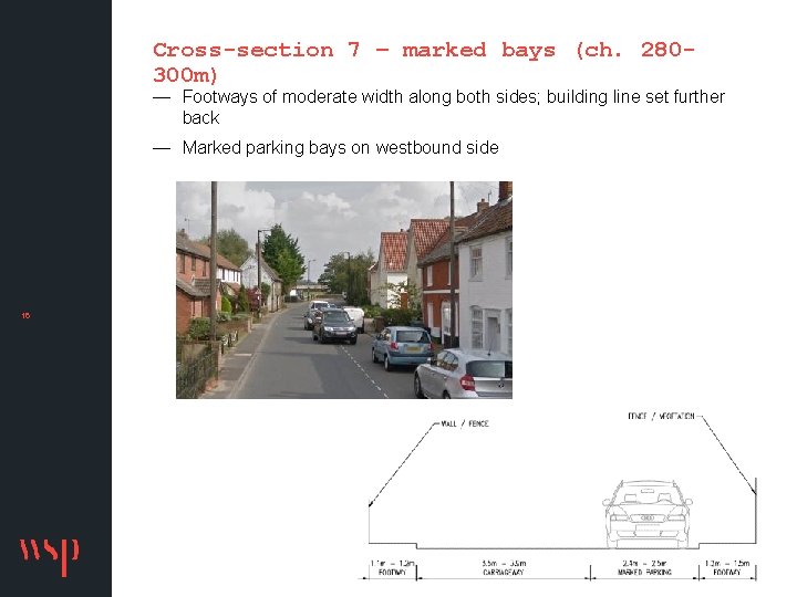 Cross-section 7 – marked bays (ch. 280300 m) — Footways of moderate width along