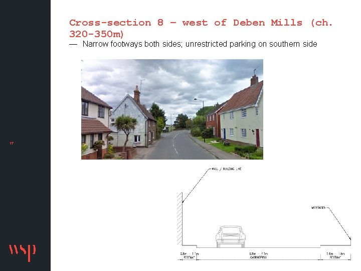 Cross-section 8 – west of Deben Mills (ch. 320 -350 m) — Narrow footways