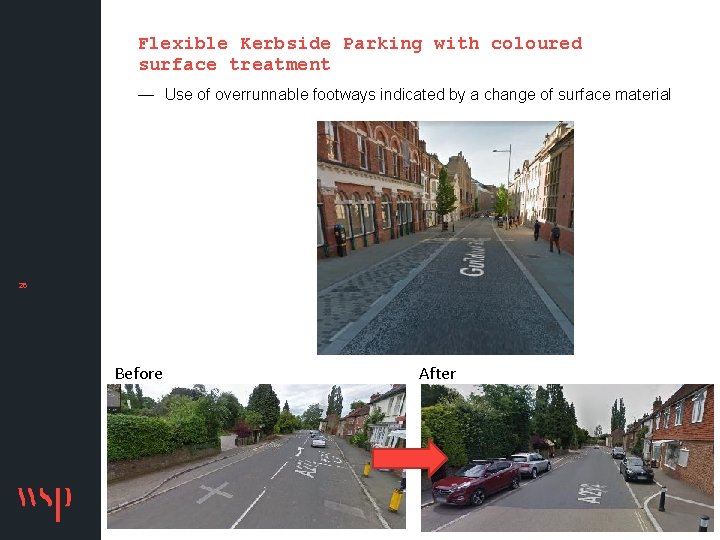 Flexible Kerbside Parking with coloured surface treatment — Use of overrunnable footways indicated by
