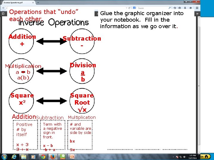 Solving Equations Containing Integers Operations that “undo” Glue the graphic organizer into each other.