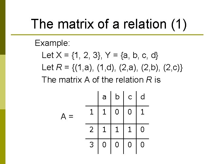 The matrix of a relation (1) Example: Let X = {1, 2, 3}, Y