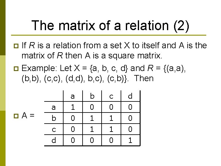 The matrix of a relation (2) If R is a relation from a set