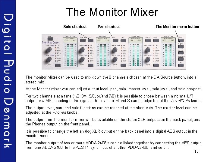 The Monitor Mixer Solo shortcut Pan shortcut The Monitor menu button The monitor Mixer