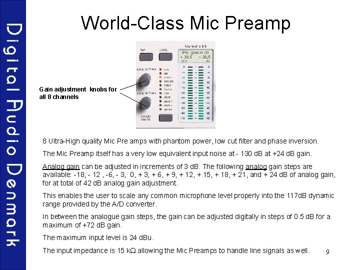 World-Class Mic Preamp Gain adjustment knobs for all 8 channels 8 Ultra-High quality Mic