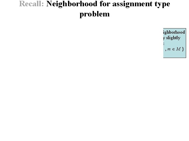 Recall: Neighborhood for assignment type problem The elements of the neighborhood N(x) are generated