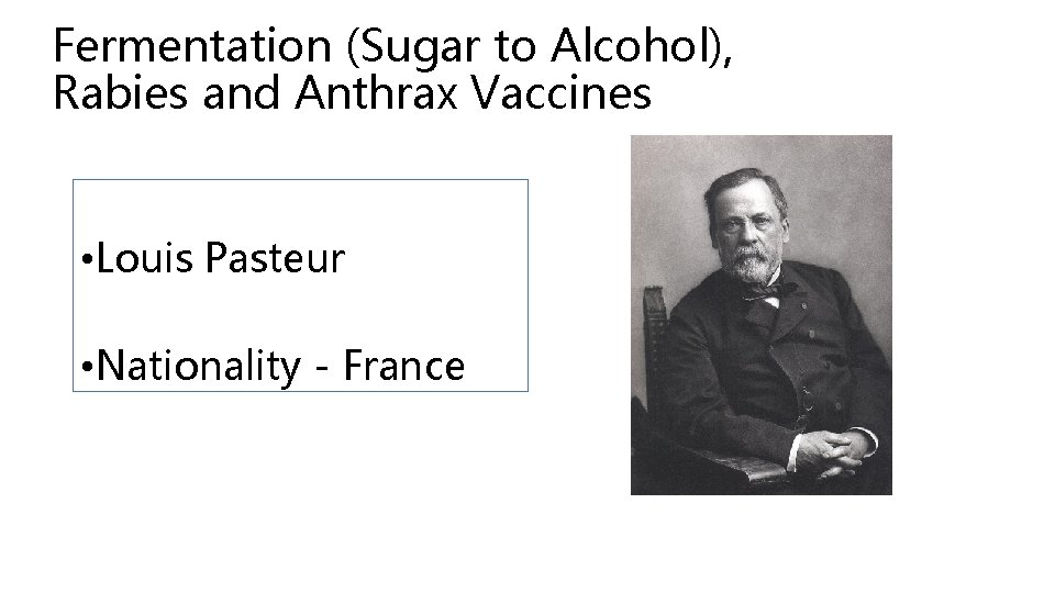 Fermentation (Sugar to Alcohol), Rabies and Anthrax Vaccines • Louis Pasteur • Nationality -