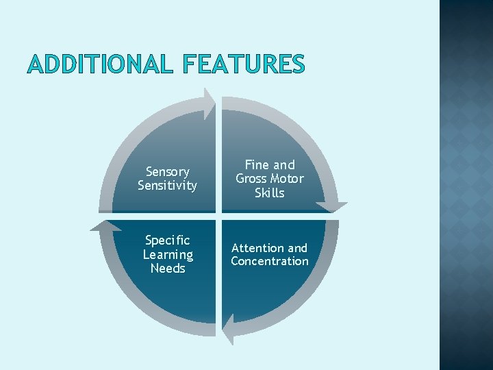 ADDITIONAL FEATURES Sensory Sensitivity Fine and Gross Motor Skills Specific Learning Needs Attention and