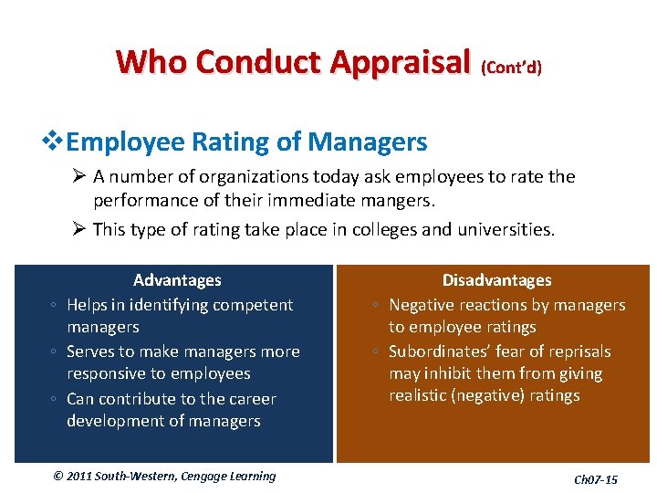 Who Conduct Appraisal (Cont’d) v. Employee Rating of Managers Ø A number of organizations