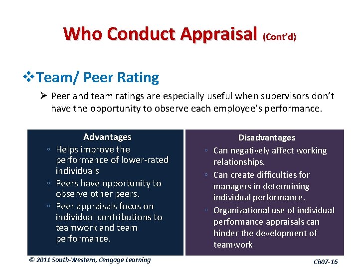 Who Conduct Appraisal (Cont’d) v. Team/ Peer Rating Ø Peer and team ratings are