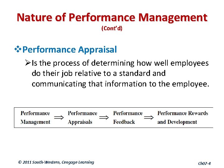 Nature of Performance Management (Cont’d) v. Performance Appraisal ØIs the process of determining how