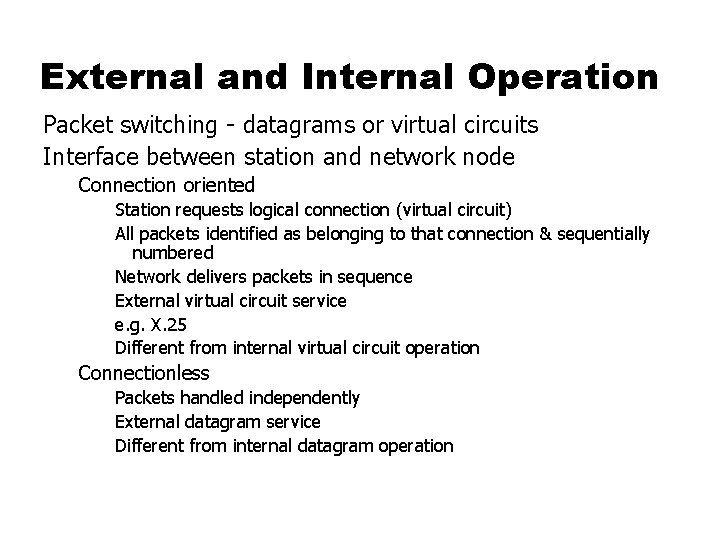 External and Internal Operation Packet switching - datagrams or virtual circuits Interface between station