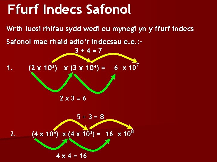 Ffurf Indecs Safonol Wrth luosi rhifau sydd wedi eu mynegi yn y ffurf indecs