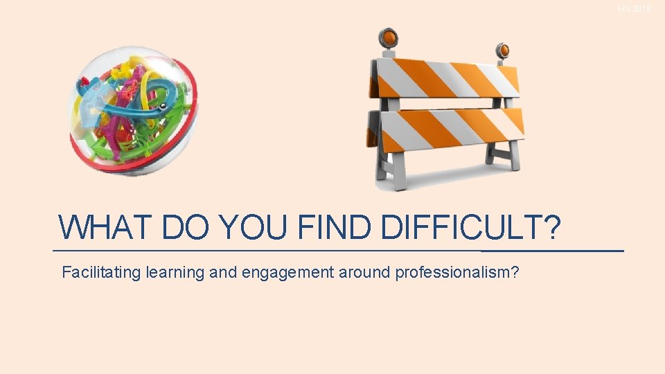 HN 2018 WHAT DO YOU FIND DIFFICULT? Facilitating learning and engagement around professionalism? HN 2018 WHAT DO YOU FIND DIFFICULT? Facilitating learning and engagement around professionalism?