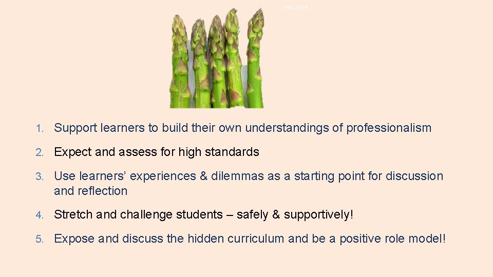 HN 2018 1. Support learners to build their own understandings of professionalism 2. Expect HN 2018 1. Support learners to build their own understandings of professionalism 2. Expect
