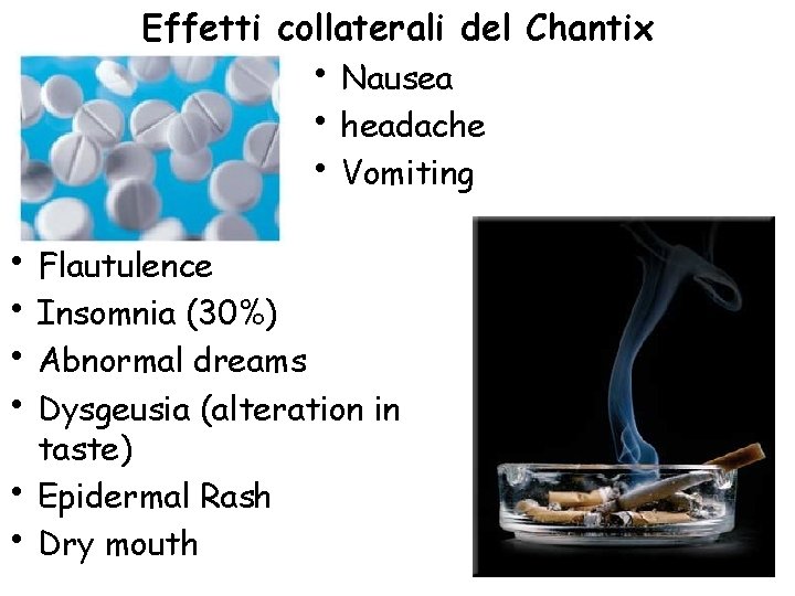 Effetti collaterali del Chantix • Nausea • headache • Vomiting • Flautulence • Insomnia