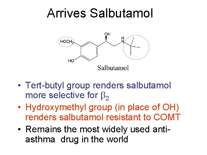 Arrives Salbutamol • Tert-butyl group renders salbutamol more selective for 2 • Hydroxymethyl group