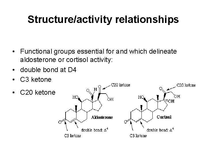 Structure/activity relationships • Functional groups essential for and which delineate aldosterone or cortisol activity: