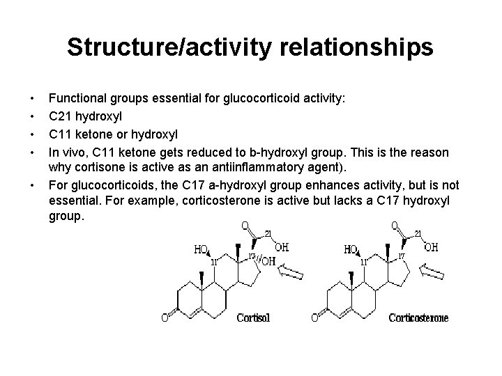 Structure/activity relationships • • • Functional groups essential for glucocorticoid activity: C 21 hydroxyl