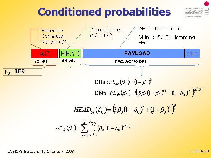 Conditioned probabilities Receiver. Correlator Margin (S) AC 72 bits HEAD 54 bits 2 -time